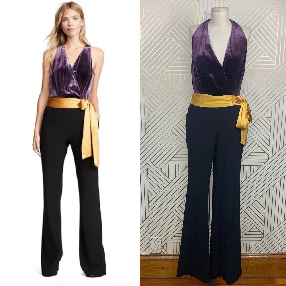 Ramy Brook Nina‎ Jumpsuit Purple Velvet Black Yellow Sash Size US 2